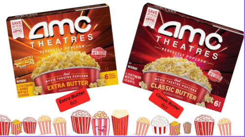 AMC Theatres Microwave Popcorn 6ct, Extra Butter + AMC Theatres Microwave Popcorn 6ct, Classic Butter, Variety Pack of 2
