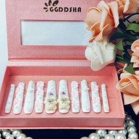 GGddsha White Long Nails With Cute Bear Rose Bow DesignReusable PMMA Acrylic Handmade Nails Full Deluxe 3D FakeNails With Pearls W Box Ladies Gif (Option: M)